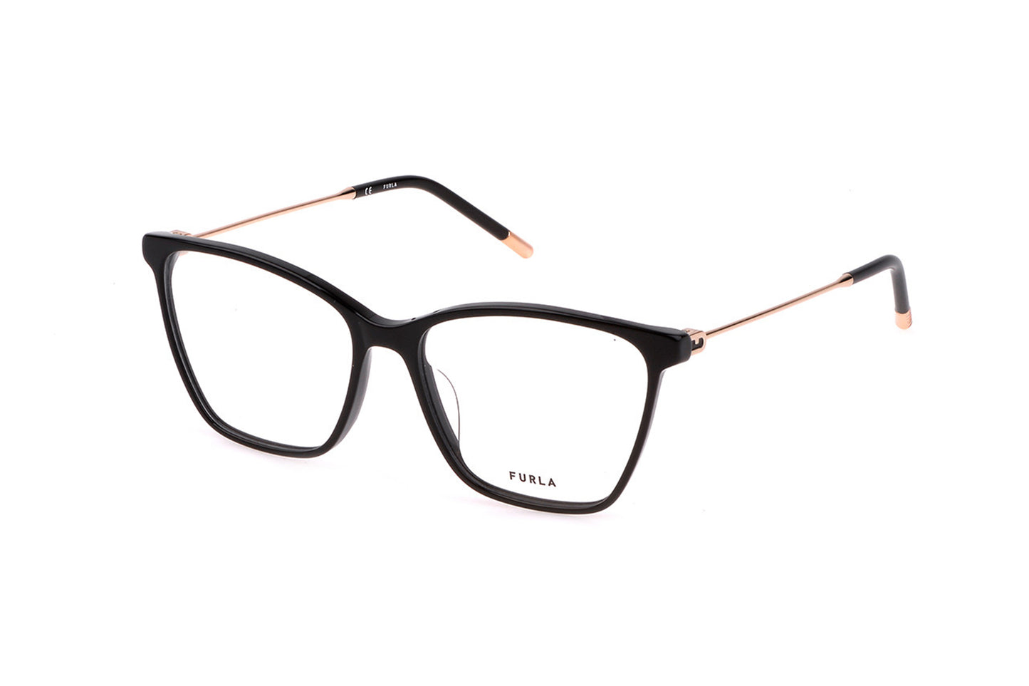 Black eyeglasses with rose gold accents on a white background