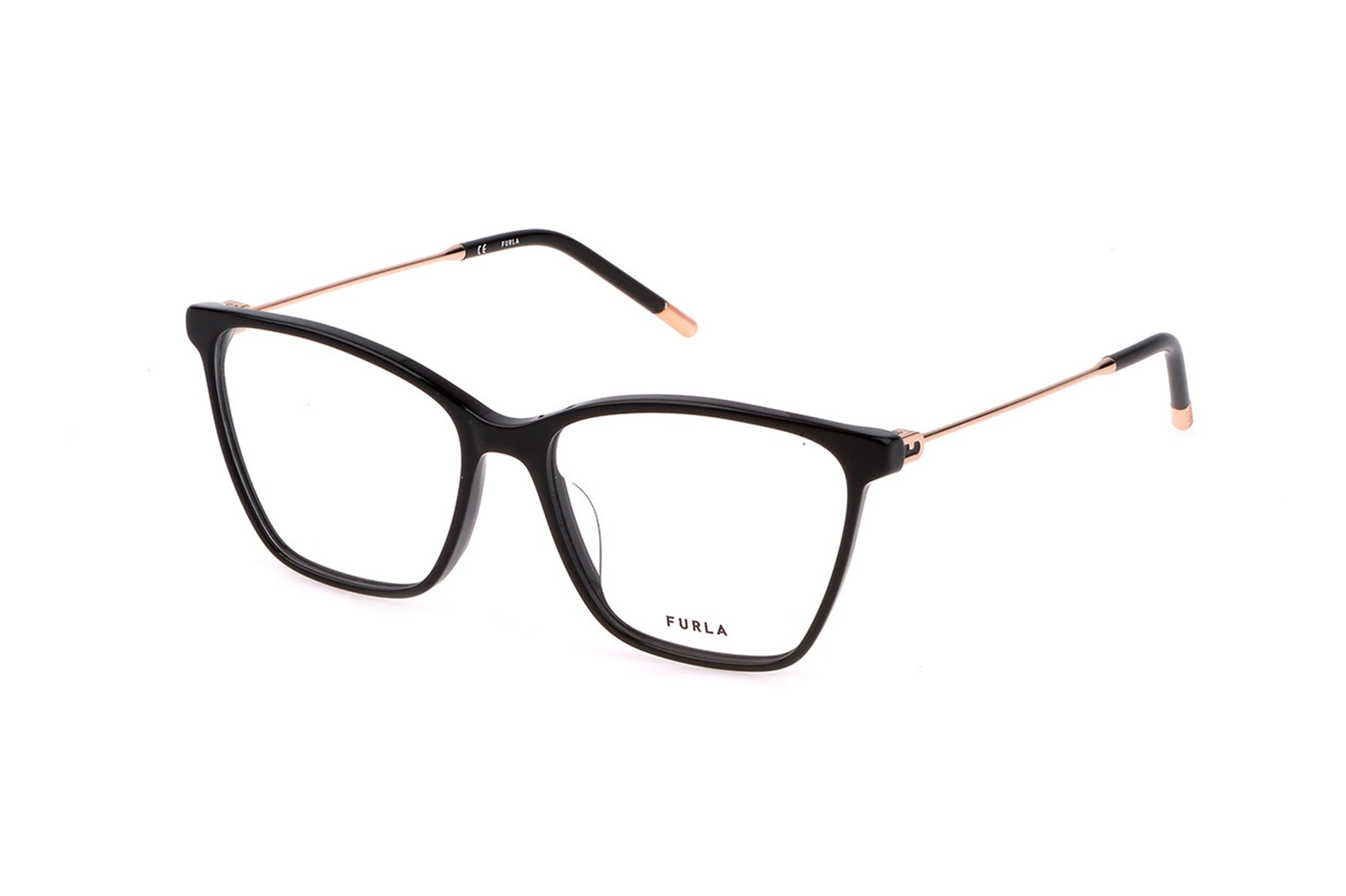 Black eyeglasses with rose gold accents on a white background