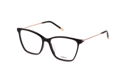 Black eyeglasses with rose gold accents on a white background